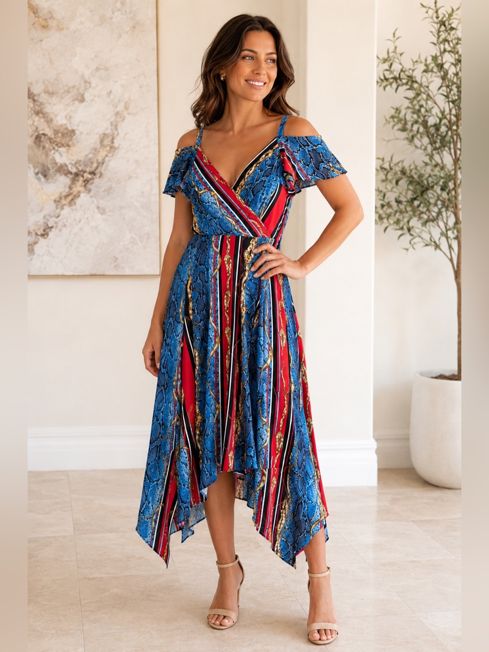 INC International Concepts Blue and Red Asymmetrical Striped Midi Dress